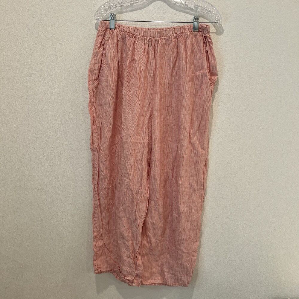 Flax Linen Pinstripe Pants Straight Leg Large Bohemian Coastal Hippie Vacation